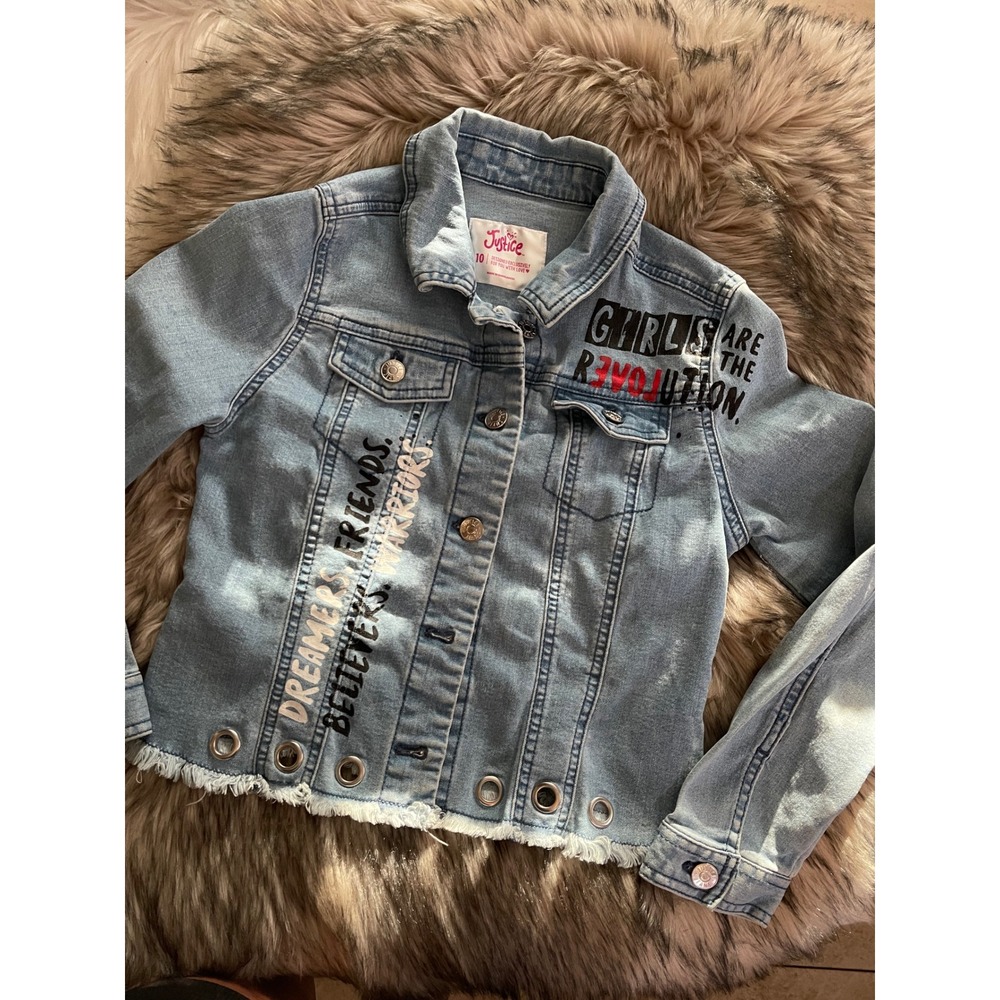 Justice Girl Distressed Light Wash Denim Jacket Motivational Graphic Text Sz 10